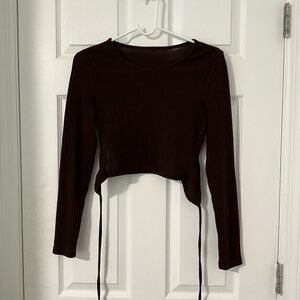 Brown Asymmetrical Long Sleeve Crop Blouse